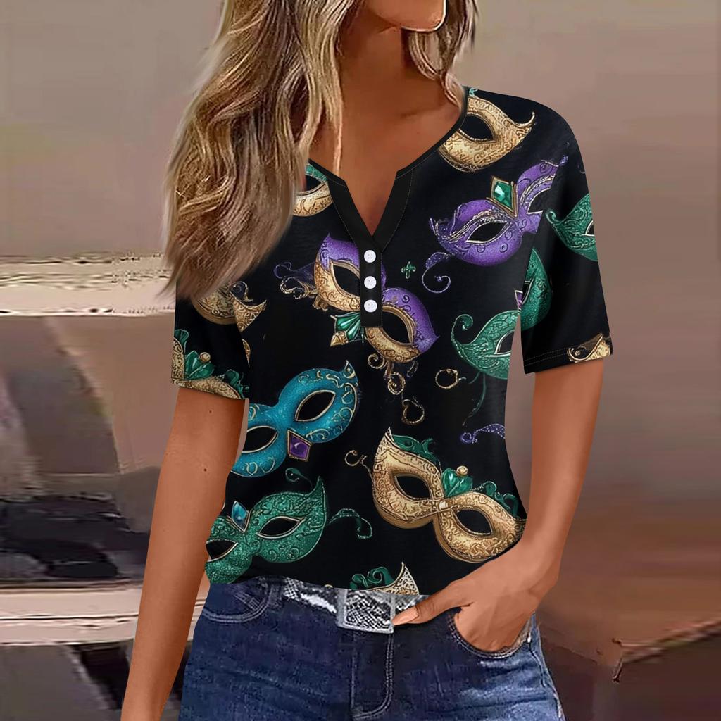 Damen-T-Shirt, T-Shirt, bedruckt, Knopfleiste, kurzärmelig, für den Alltag, Wochenende, modisch, Basic, V-Ausschnitt, normales Oberteil