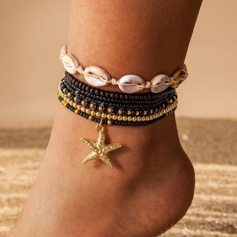 Богемный стиль holiday, плетеный браслет на щиколотку из акриловой ракушки, пляжный стиль, браслет на щиколотку из смолы в виде морской звезды, семь штук