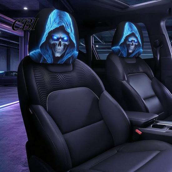 Universal Fit Auto Accessories 2PCS Car Headrest Cover with Scary Face Printing, Breathable Stretch Knitted Knit Fabric Dust Cover, Halloween