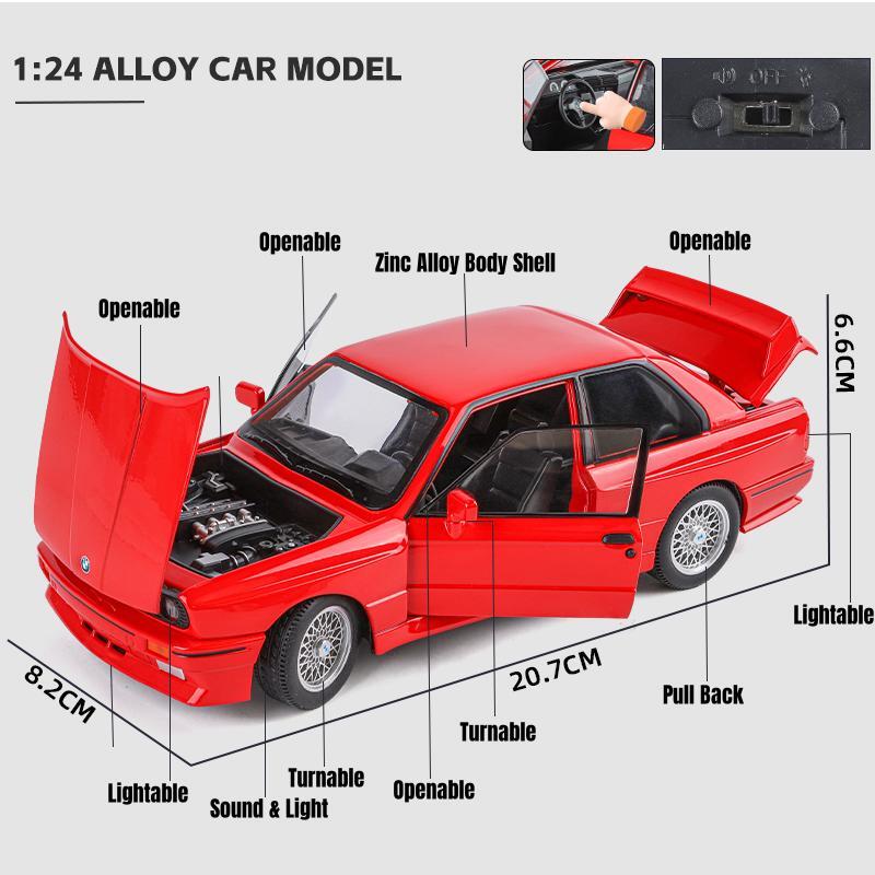1/24 BMW M3 E30 Toy Car Model Diecast Metal Vehicle Miniature Pull Back Sound Light Doors Openable Collection Gift For Kid Boys