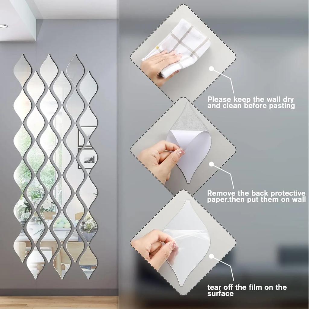 12pcs Acrylic Leaf Mirror Wall Sticker Home Decoration Water Drop Mirror Decals Self-adhesive Art Mural Living Room Wallpaper