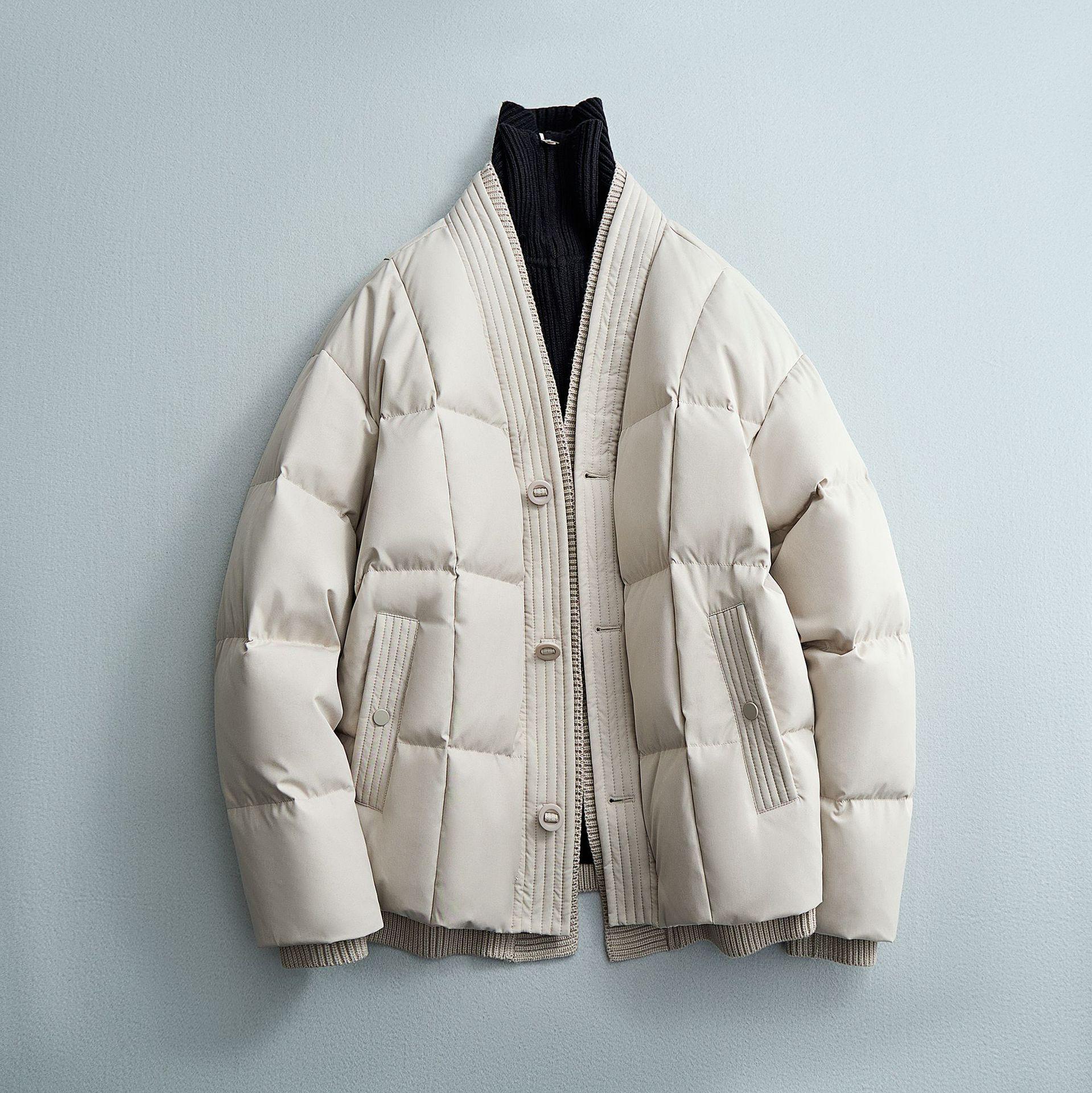 

Men s European Plaid Down Jacket 2025 – High Quality V-Neck Winter Coat M бежевий