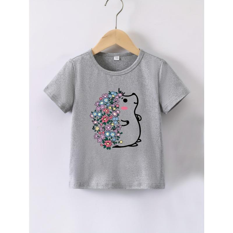 Letnie Różowe Ubranka dla Niemowląt Dziewczynek Dziecięce Codzienne T-shirty z Nadrukiem Kreskówkowym Kwiatem Jeża Dzieci Okrągły Dekolt Krótki Rękaw Top