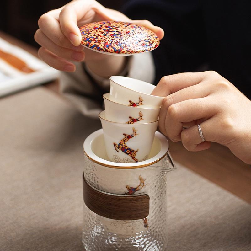 Portable Tea Set Ceramic Quick Tea Cup One Pot Three Cups Glass Teapot