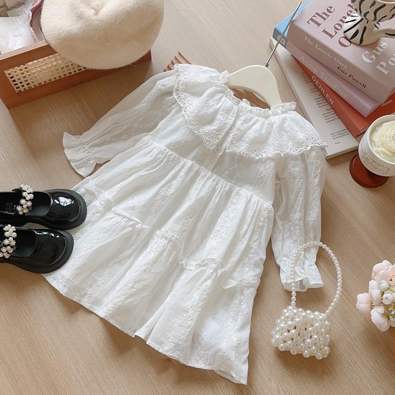 Girls Spring Autumn Embroidered Collar Ruffle Long Sleeve Princess Dress Elegant Party Wear