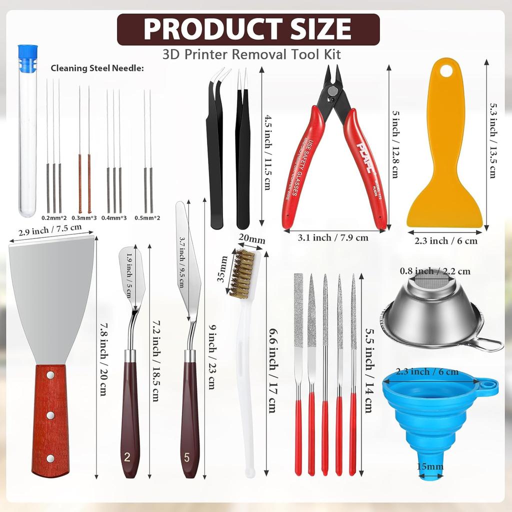 25 Pcs 3D Printer Tools Kit 3D Printing Accessories Include 2 Wire Brush 1 Putty 1 Plastic Shovel 5 Diamond Files 2 Tweezer 10 Needles 1 Plier 1