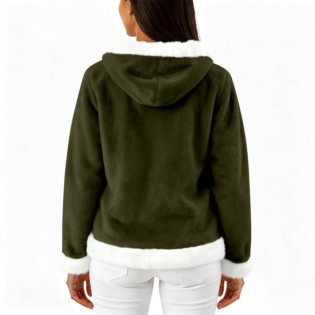 Moteriškas kasdienis madingas ilgomis rankovėmis užsegamas vilnos kardiganas su gobtuvu