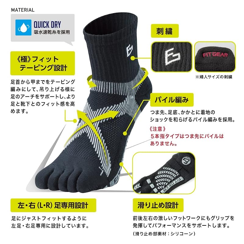 [MIKASA] FIT GEAR Tennis-Badminton Socks "Extreme" Fit (5-finger black)