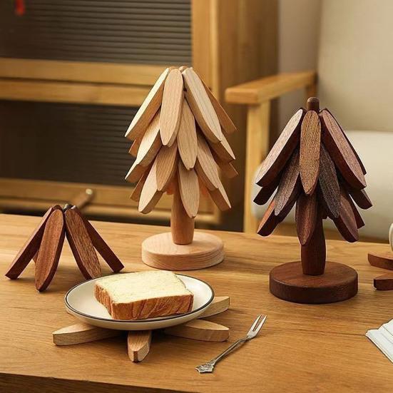 Tree Shape Heat Trivet Bamboo Placemats Foldable Kitchen Mat Non-Slip Tabletop Protector for Hot Pots Cups