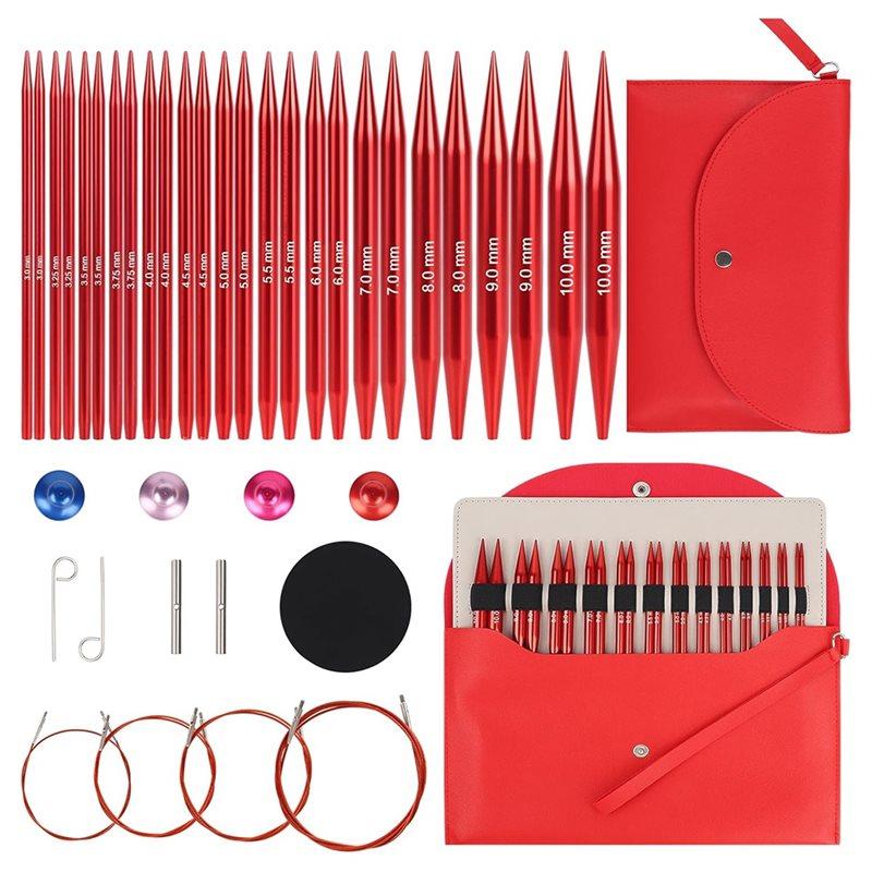 A84E-Aluminum Alloy Interchangeable Circular Knitting Needles Set- Diameter Range 3.0Mm To 10.0Mm Includes Storage Case For Craf