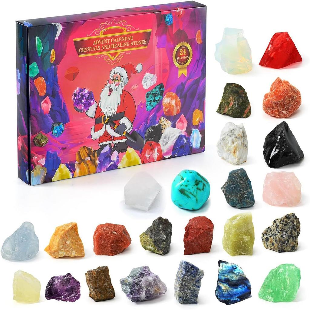 Christmas Advent Calendar 24 Days Natural Crystal Gemstones Collection Box Countdown Calendar Crystal Stone Gift Box for Kids