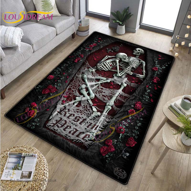 Koberec Lebka a růže Květinový koberec Lebka do obývacího pokoje Ložnice Herna Červená růže Koberec na podlaze Koberec Wicca Area Home Dekor