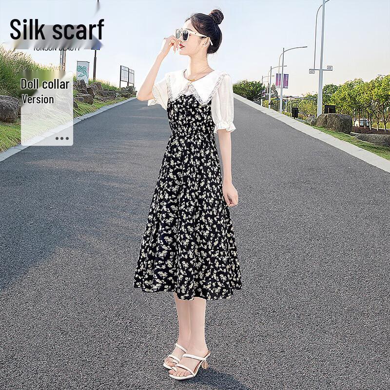 Sishiboshe Doll Collar Floral Puff Sleeve Dress M