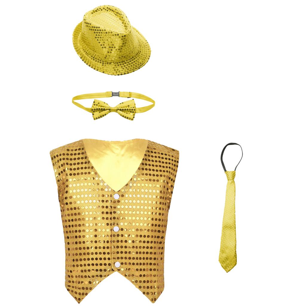 Unisex Kids Shiny Sequin Vest Waistcoat Performance Set Hat Bowtie Necktie Jazz Dance Stage Costume