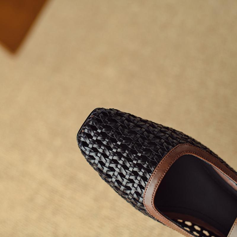 Fashion Women's New Spring and Autumn Woven Genuine Leather Cowhide Breathable Mid Heel Large Belt Buckle Mary Jane Single Shoes