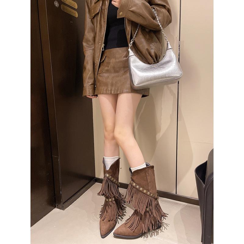 Maillard Western Cowboylaarzen Dames Skinny Laarzen Dames Kwast Wasteland Stijl Puntige Dikke Hak Martin Laarzen
