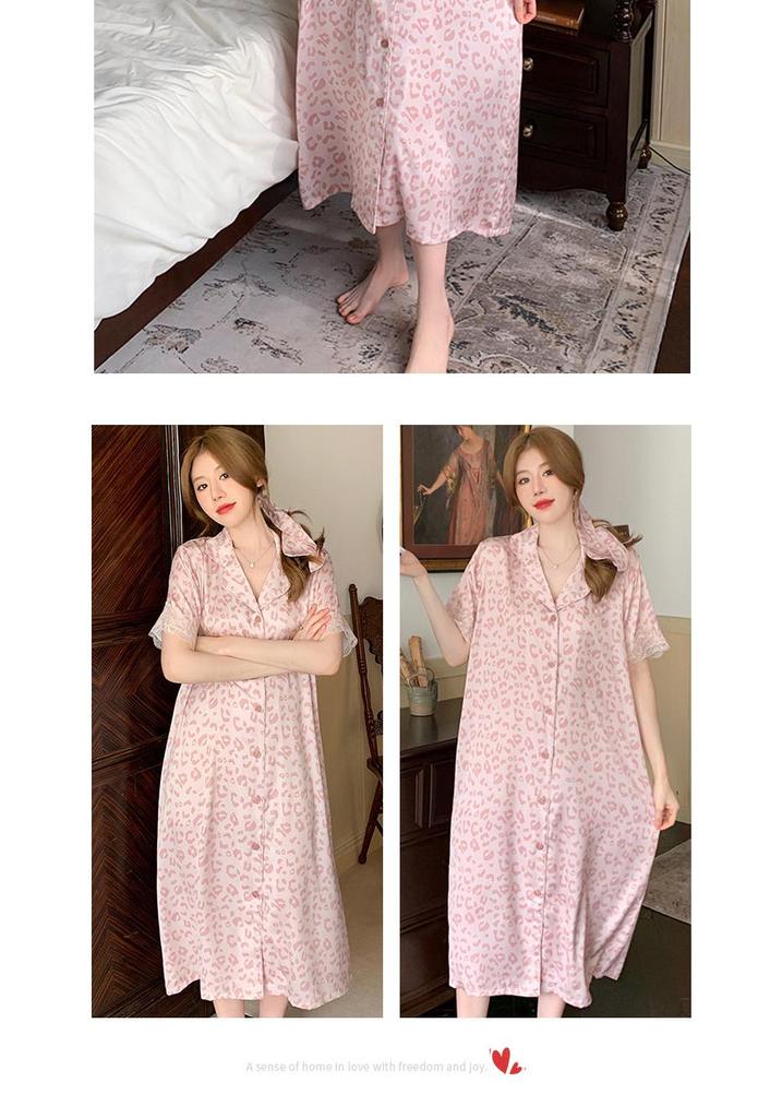 Summer Leopard Print Lace Ice Silk Nightgown - Women's Luxury Short Sleeve Sleepwear