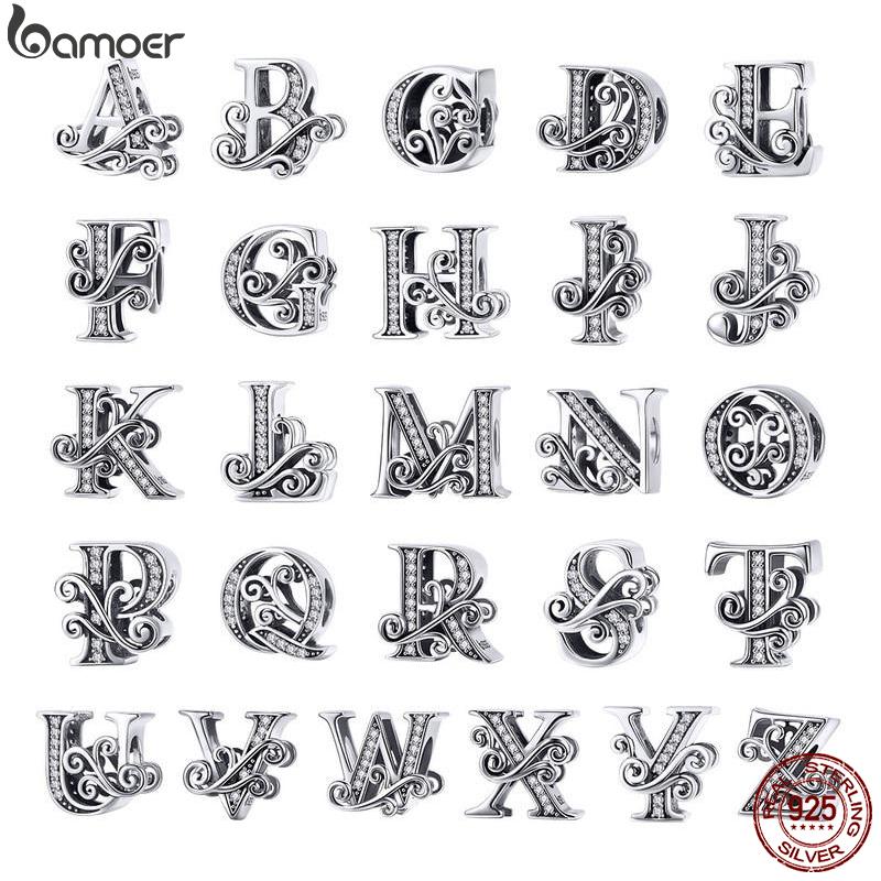 bamoer Funny 925 Silver DIY Letter Alphabet Metal Beads fit for Silver 925 Bracelet Heart Pattern Charms DIY