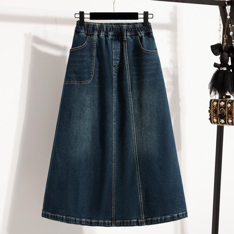 

2026 Spring Plus Size Elastic Waist Denim Skirt - Mid-length, Loose, Belly Concealing, Fashionable Design 4XL темно-синий