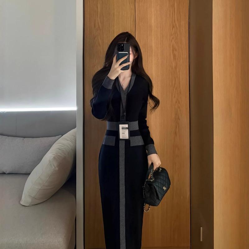 [] Temperament slim-fitting V-neck long-sleeved knitted dress women's autumn and winter waist and thin high-end hip skirt