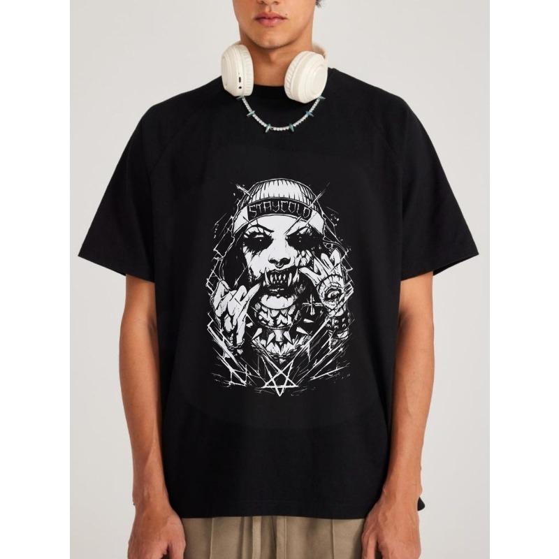 Men's Black T-Shirt With Wolf Head Graphic And Stay Cool Text For Streetwear Casual Wear