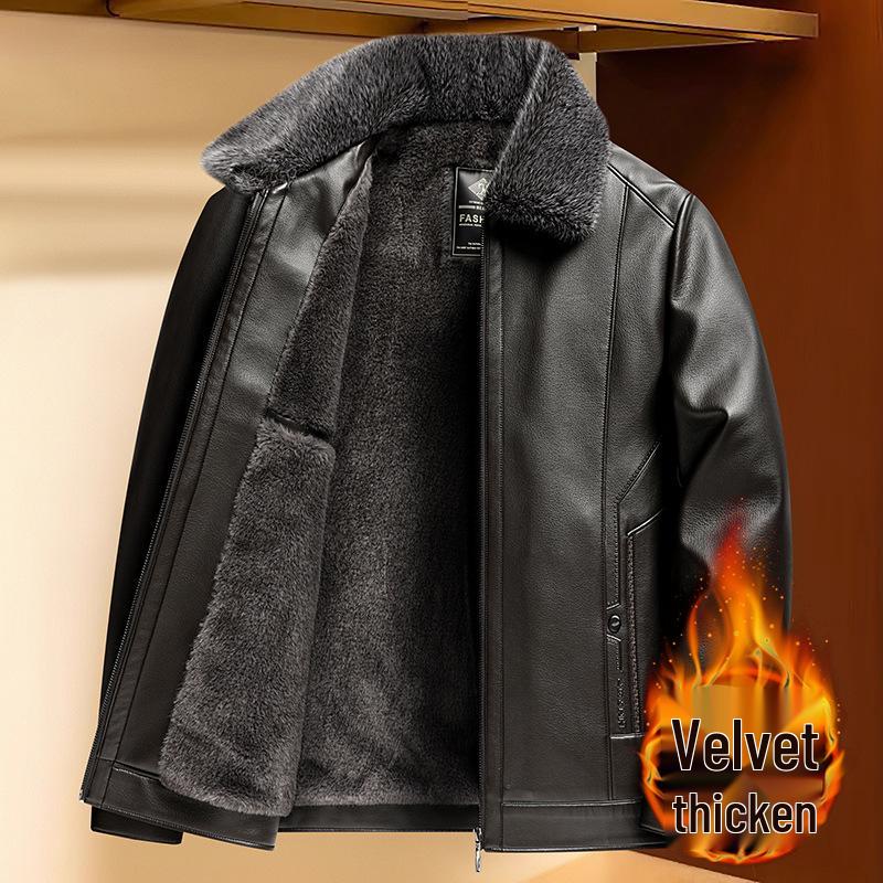 

Men s Shearling Collar Leather Jacket - Thick Velvet for Middle-Aged and Elderly, Warm Winter Outerwear for Autumn and Winter. 195 (Recommended for 160-185 jin)