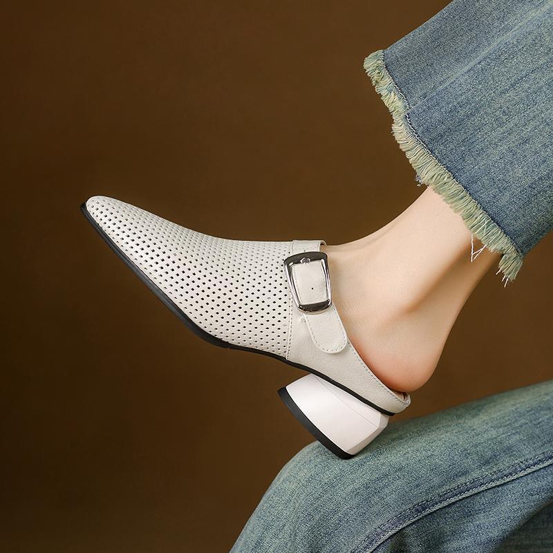 Fashion Summer Women Genuine Leather Shoes for Women Pointed Toe Hollow Out Women Sandals Cover Toe Chunky Heel Women's Mueller Slippers