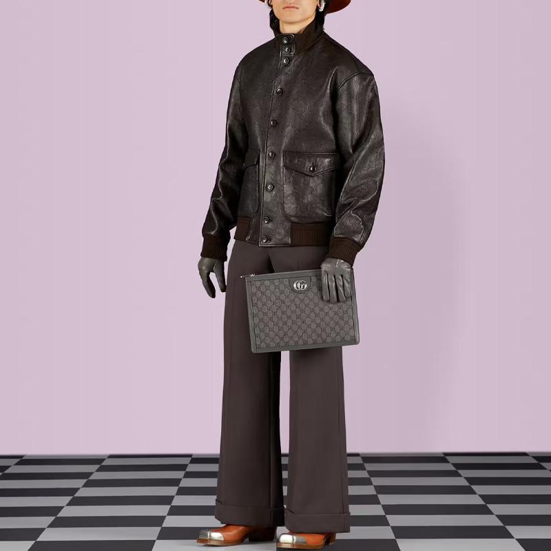 Gucci [23 Early Spring New Style] Ophidia Double G Silver Label Logo Zipper Closure Canvas and Leather Trim Clutch Regular Men's Gray