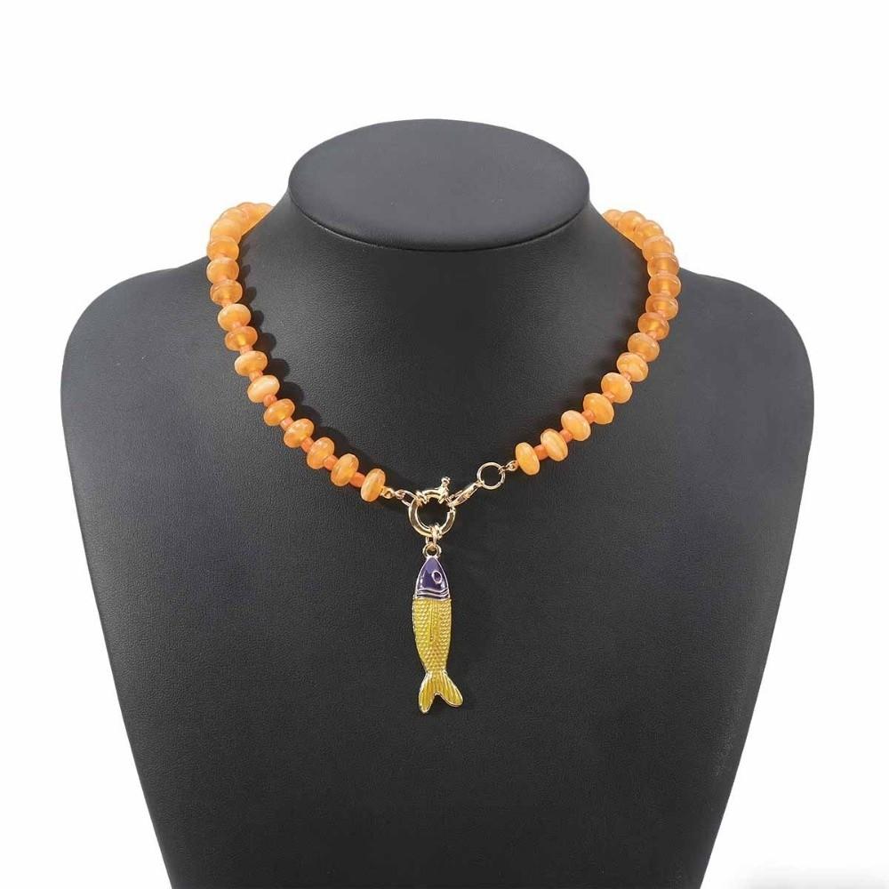 Colored Stone Small Fish Pendant Necklace Bohemian Fish-shaped Charms Jewelry Beads Necklace Women