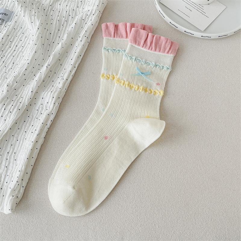 

Women s Thin Spring and Summer Bow Lace Fabric Label Cute Summer Pile Socks Pure Cotton Mesh Breathable Black Fungus Edge 1 pair