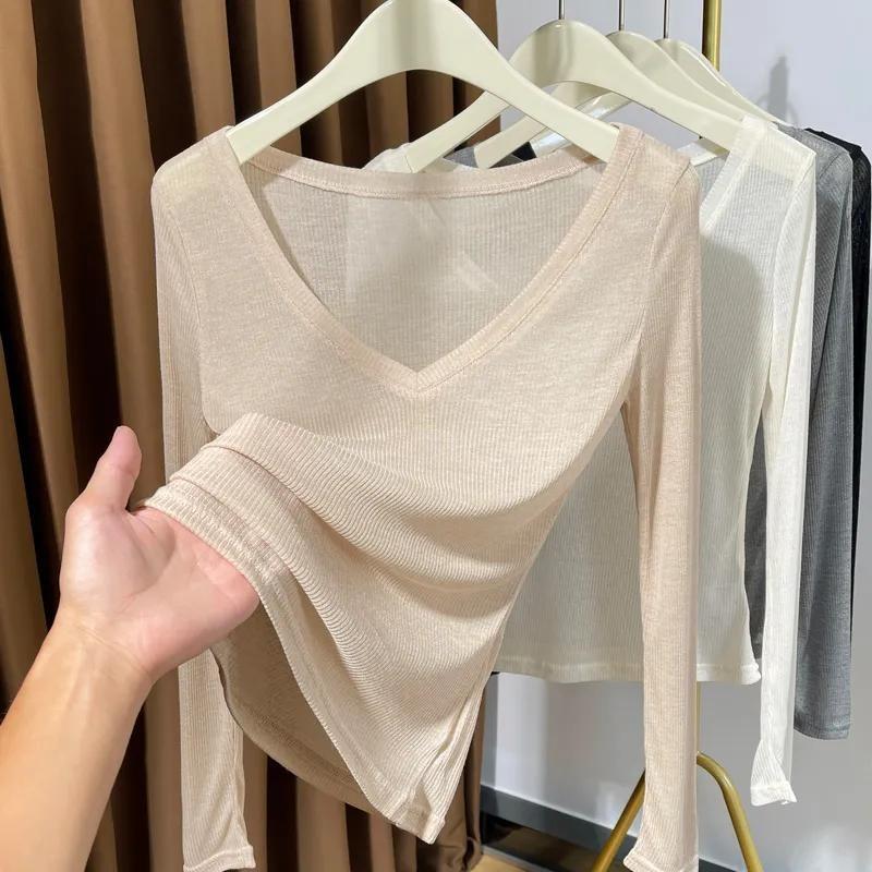 Large V-neck Thin Knitted T-shirt for Women Summer New Style See-through Threaded Style Bottoming Shirt Top