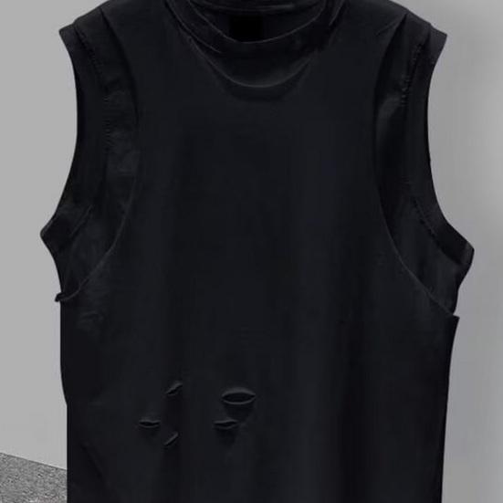 Men Summer Casual Vest O-neck Sleeveless Loose Fit Tank Tops Solid Color Ripped Holes Street Style Vest Bottoming T-shirt