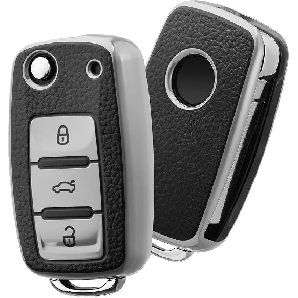 ELOHEI for VW Key Fob Cover, Premium Soft TPU 361 Degree Full Protection for VW Volkswagen Jetta Beetle Tiguan Passat Golf MK6 Polo 3 Buttons(Leather