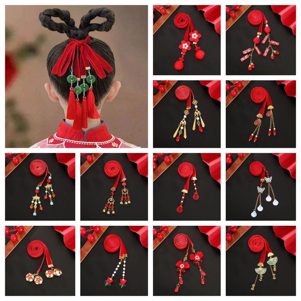 Tassel Satin Red Long Headband Bell Chinese Long Hairband New Year Hair Rope  Winter