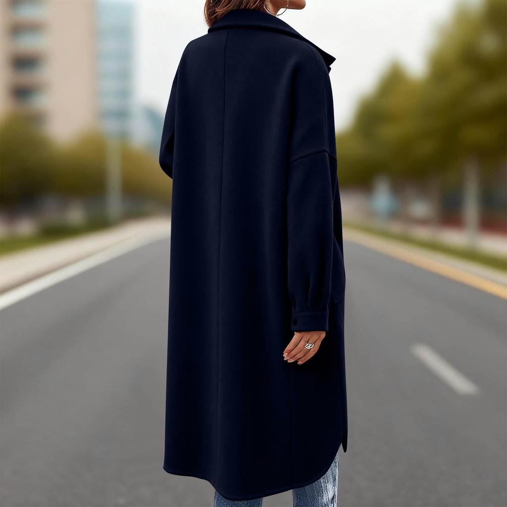 Women's Wool Coat Notch Lapel Collar Single-Breasted Peacoat Loose Casual Long Jacket  Fall Winter Outwear