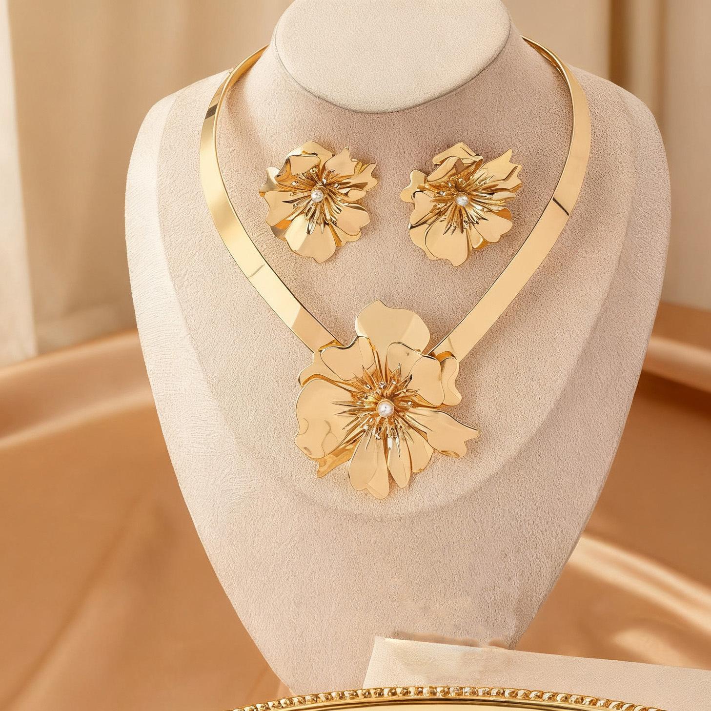 Trendy gold flower collar stud ring set vintage simple fashion temperament