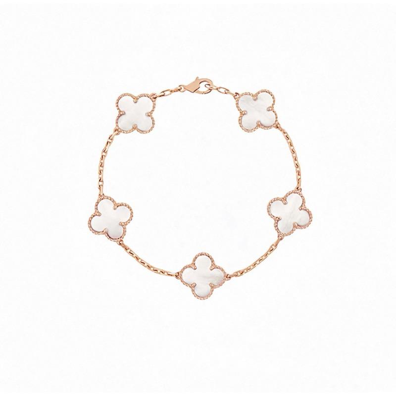 Four-leaf Clover Five-flower Bracelet for Women Rose Gold Lucky Clover Bracelet with White Mother-of-pearl and Red Agate Fashionable Bangle