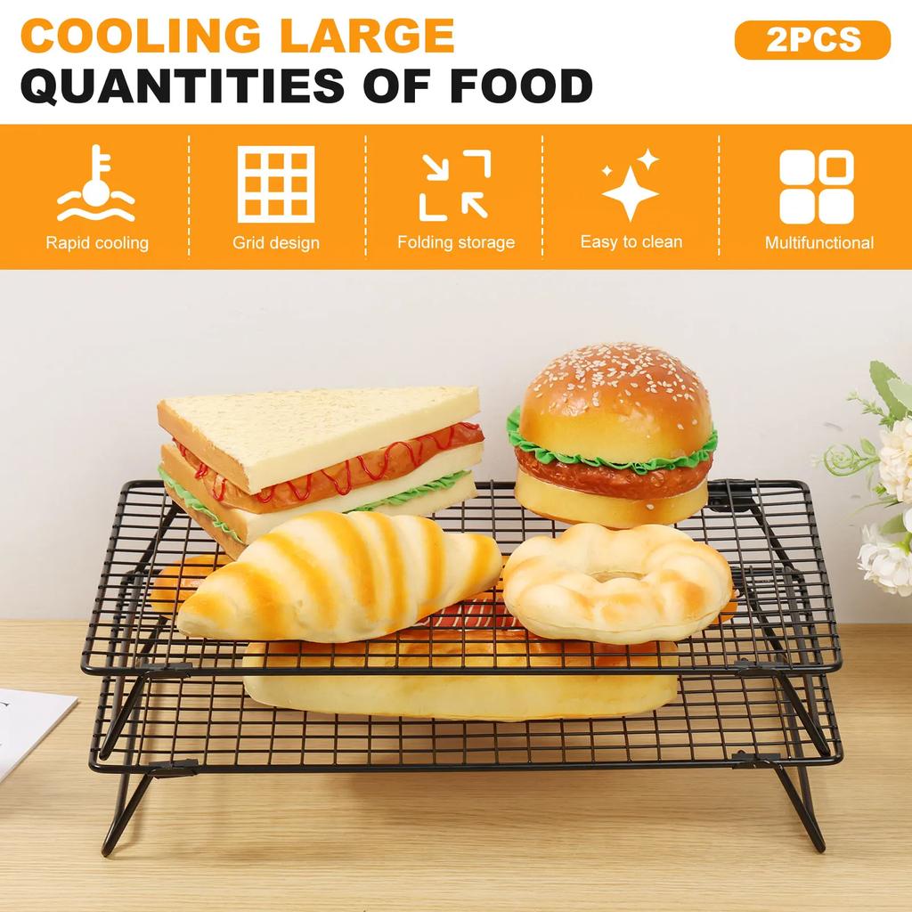 2Pcs Cooling Rack with Collapsible Legs BBQ Bread Cake Cooling Rack Drip Dry Rack Grid Baking Pan Household Kitchen Baking Tools