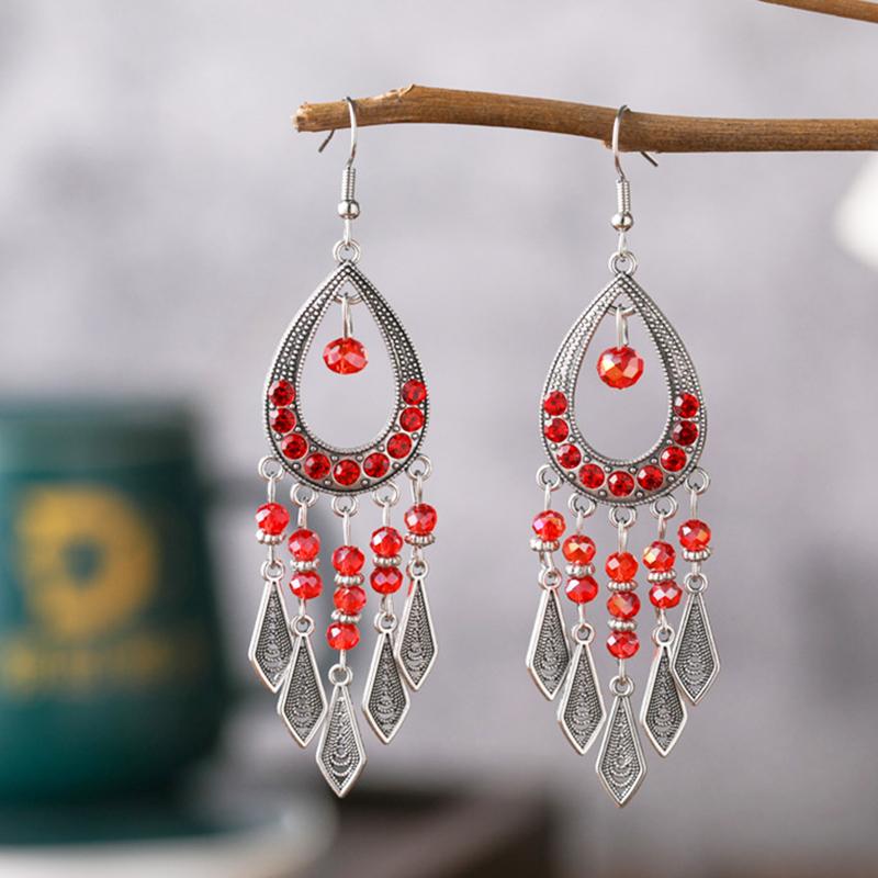 Ethnic Colorful Rhinestone Crystal Tassel Earrings For Women Vintage Niche Water Drop Shaped Earrings Vacation Daily Jewelry