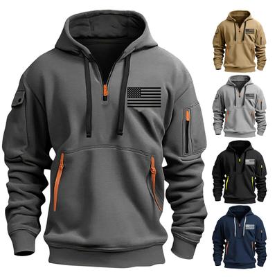 Men Spring Fall Fitness Hoodie with Zipper Decor Plush-lined Hooded Multi Pockets Thick American Flag