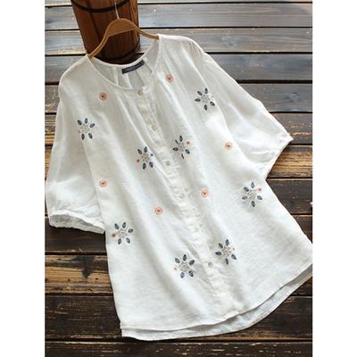 Women's Summer Plus Size Embroidery Loose T Shirt Round Neck Button Five Short Sleeve Top