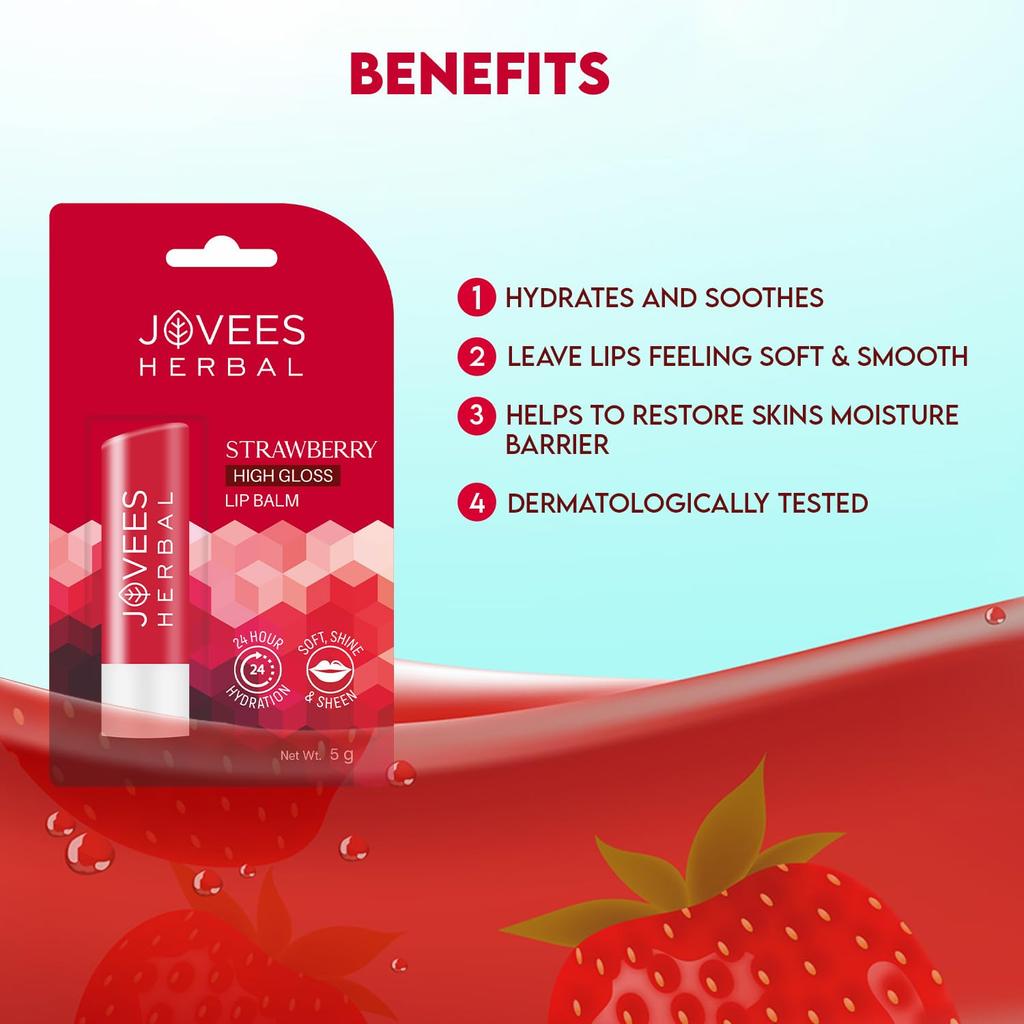 Jovees Herbal Strawberry High Gloss Lip Balm 5g For Soft Supple Lips 24 Hour Hydration And Natural Nourishment