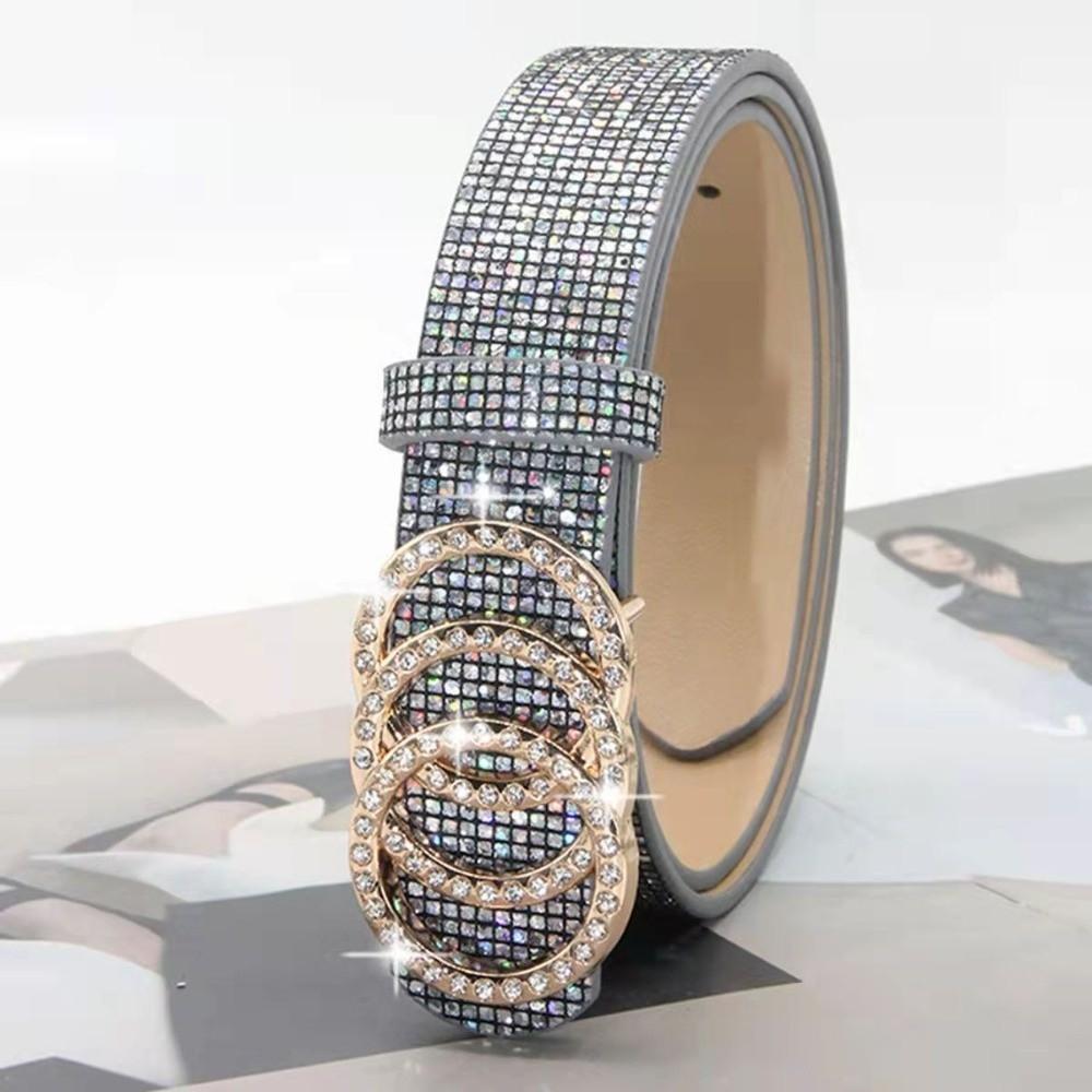 Vintage Bling Bling Sparkling Rhinestone Belt Versatile Glitter Slide Buckle Belt Luxury Brand Design Waist Strap Women