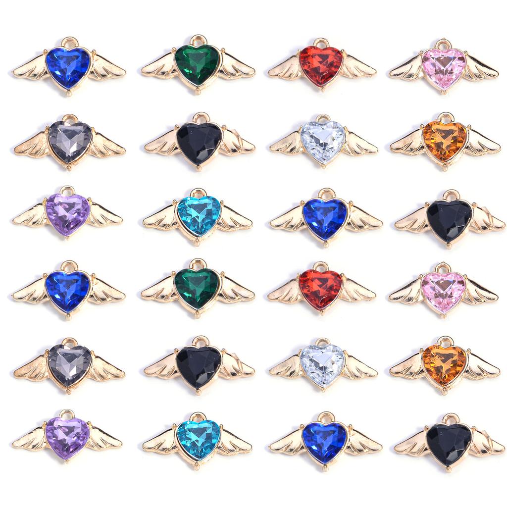 10Pcs Heart Wings Charms Alloy Colorful Rhinestone Romantic Pendant for Jewelry Accessories DIY Making Earrings Necklace Charm