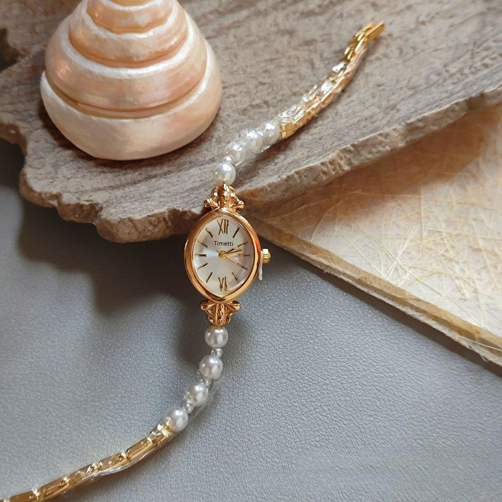 Retro Gold Klein Römisches Zifferblatt Damen Uhr Luxuriöses Elegantes Design Perlen Armband Damen Quarz Armbanduhr Mädchen Uhr Geschenke