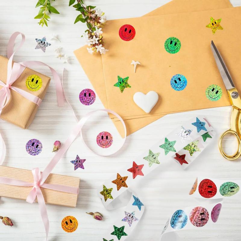 500 Stück Smiley-Gesicht Aufkleber Rolle Laser Bunt Glückliches Gesicht Aufkleber für Klassenzimmer Schulanfang Geburtstag Lehrer Belohnung, 1 Zoll