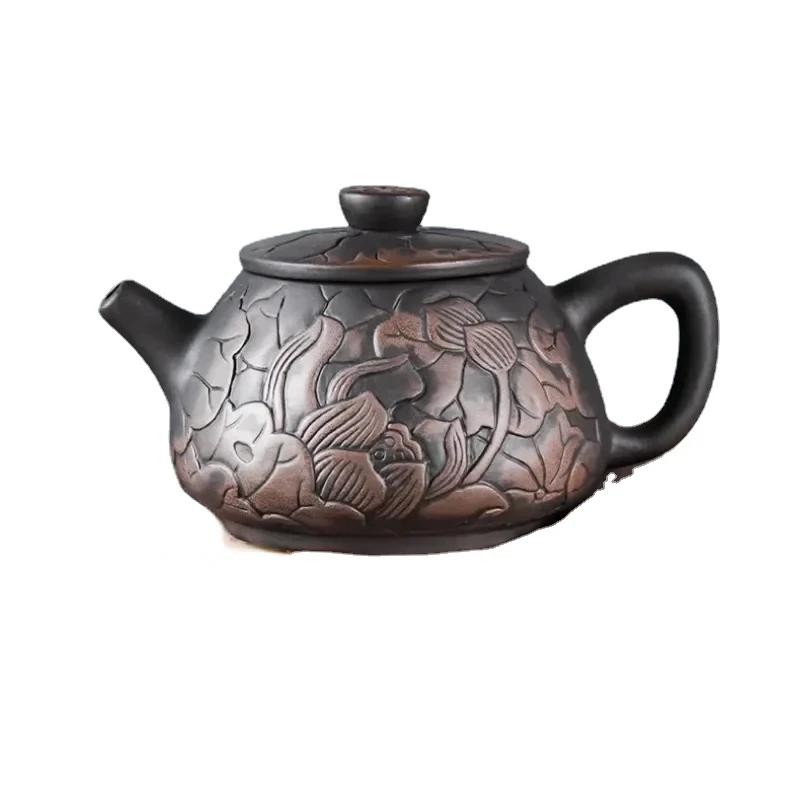 Yixing Tea Pot Purple Sand Tea Pot Beauty Pot Black Mud Handmade Carving Lotus Rhyme Illustration Household Handmade Tea Set