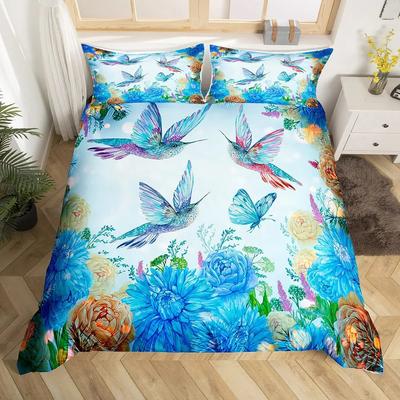 Niedliche Vögel Bettbezug King Size Rosa Pfirsichblüte Bettwäsche Set Polyester Vogel Schmetterling Wildtier Bettdeckenbezug für Jungen Mädchen