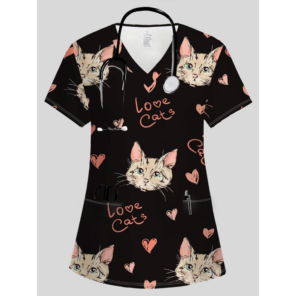 Summer Womens Fashion V-Neck Short Sleeve Uniform Pockets Tops Cute Cat Pattern Print Comfortable Vet Clinical Uniforms Woman