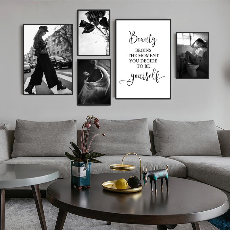 Modern Wall Prints Picture Flower Modular Poster Black White Ballet Girl Canvas Painting Life Quote Art Living Room Decor HD0082